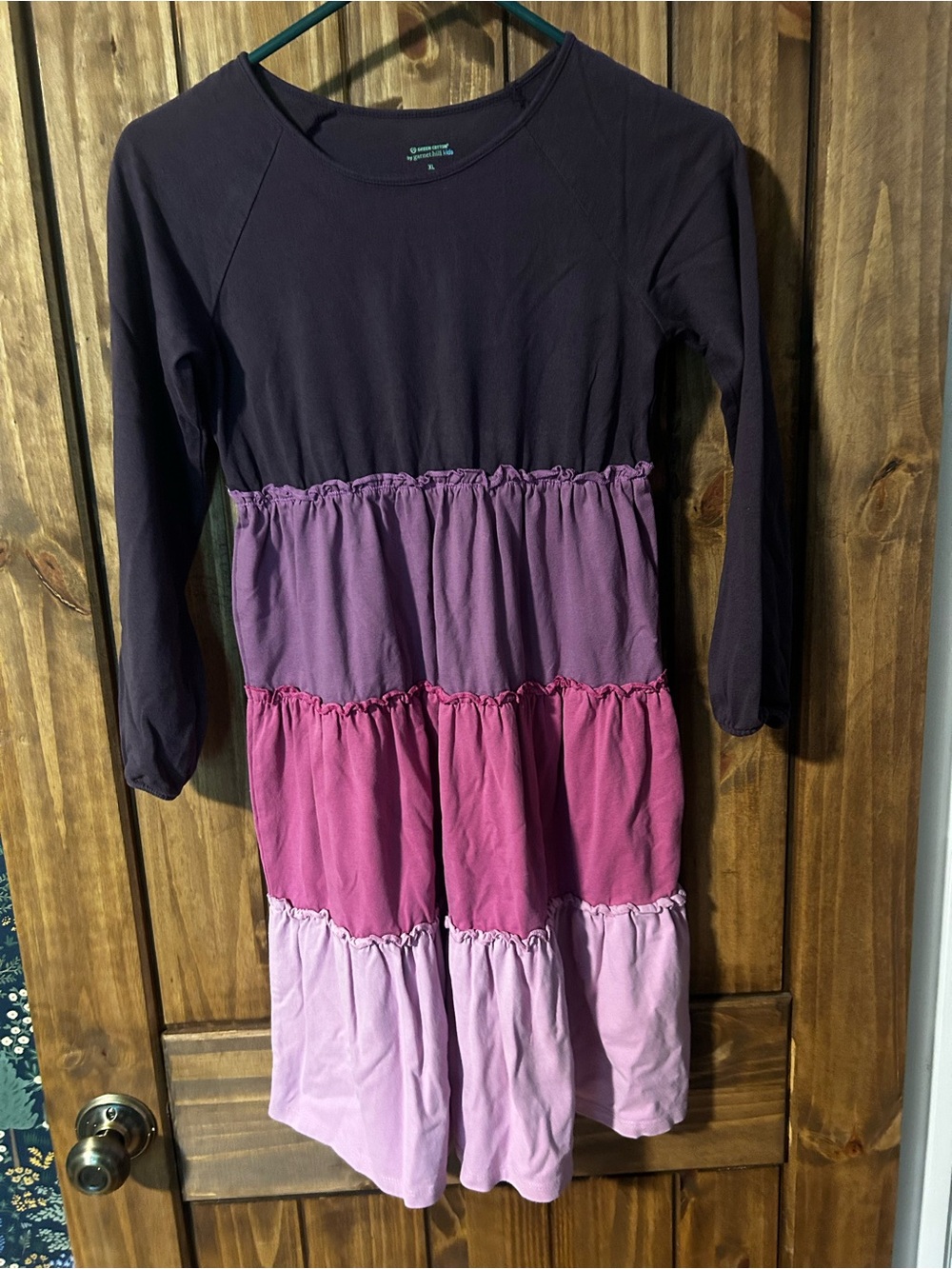 Garnet Hill Long-Sleeve Tiered Dress in Plum, Magenta & Lilac